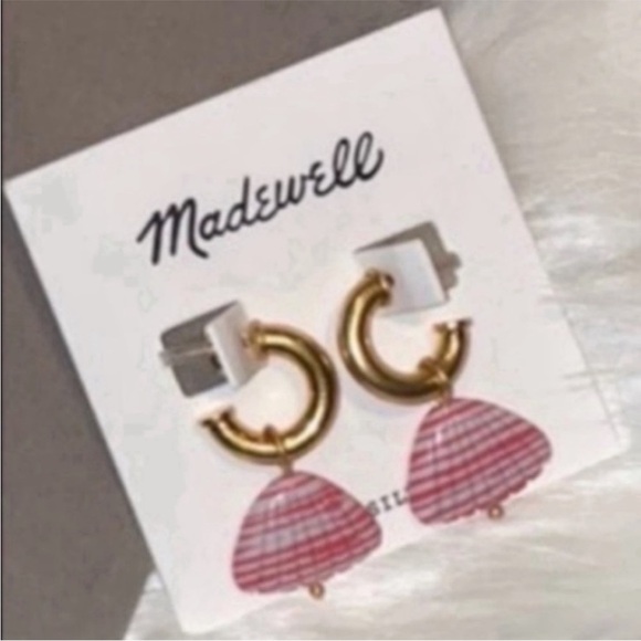 Madewell White Stone Seashell Shell Charm Mini Gold-Tone Hoop Earrings - Picture 2 of 8